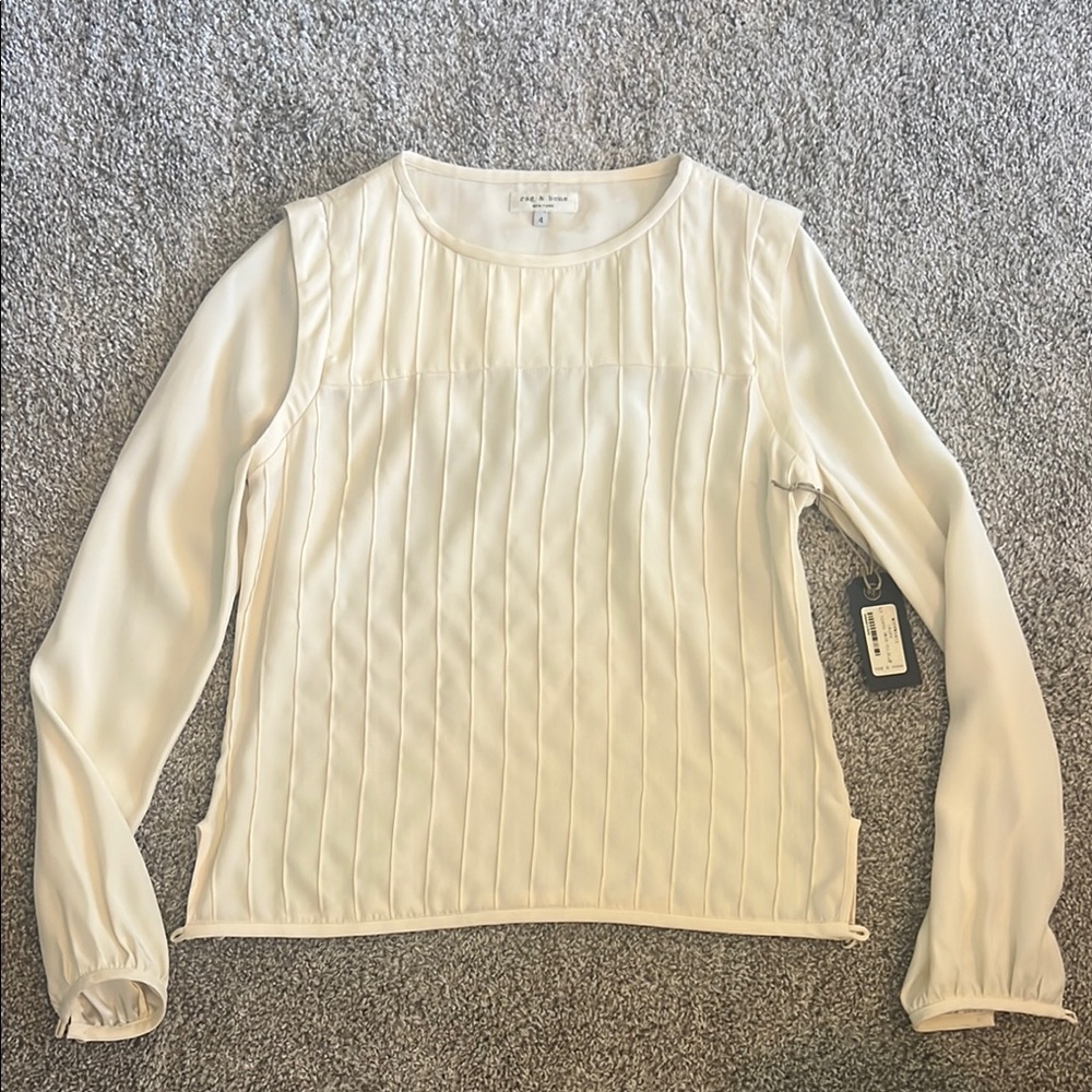 Rag & Bone Pleated Smock Cream Long Sleeve Top
